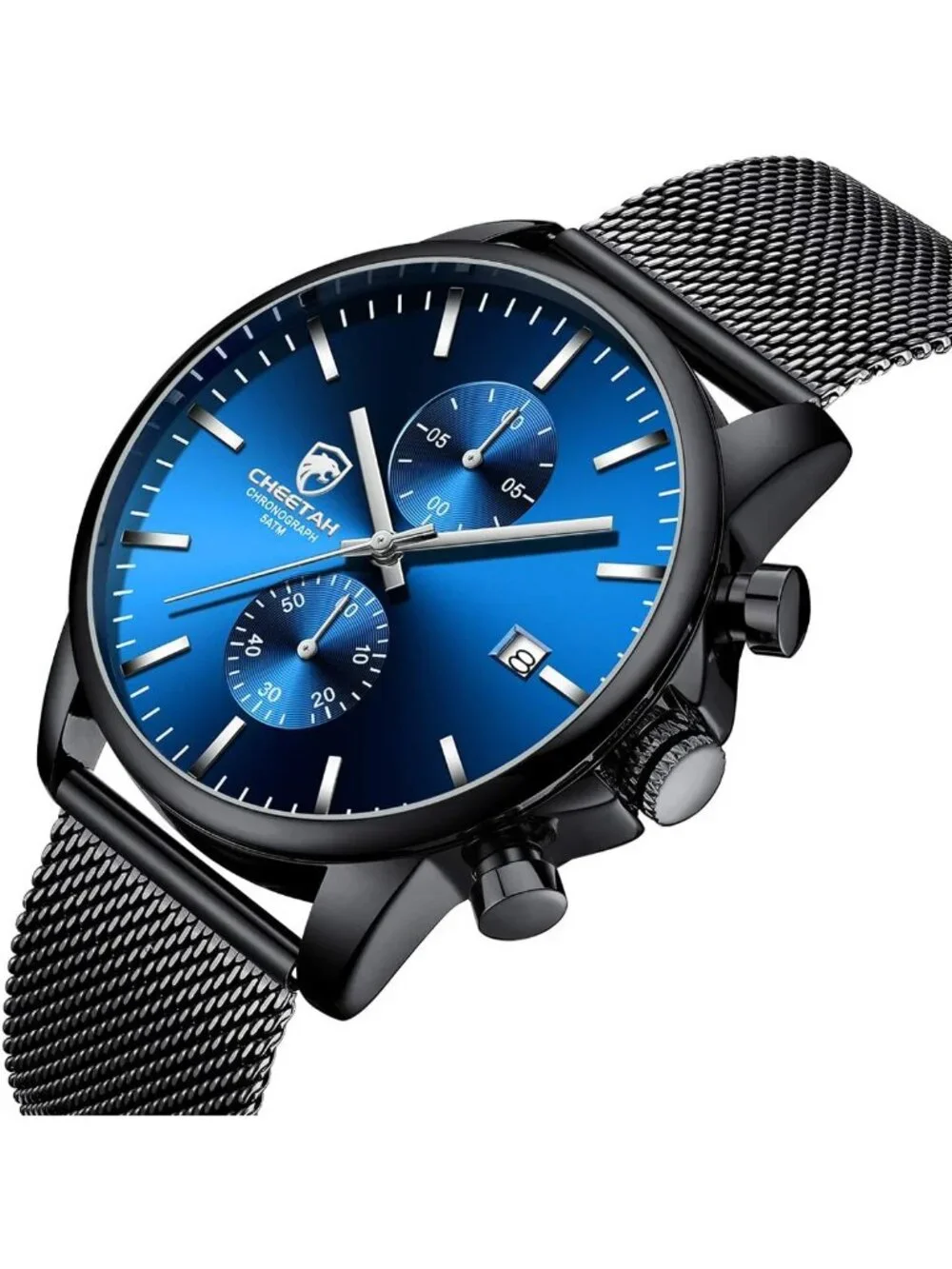 Men's Dark Blue Black Quartz Analog Mesh Strap Stainless Steel Chronograph Watch
